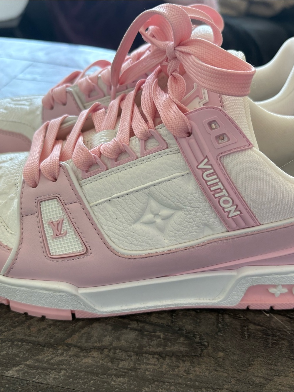 Louis Vuitton Pink & White LV Trainer Sneakers with Monogram Detail